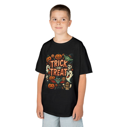 Kids Trick or Treat T-Shirt, Halloween Graphic Tee with Pumpkins, Ghosts & Vampires, Fun Spooky Shirt for Children