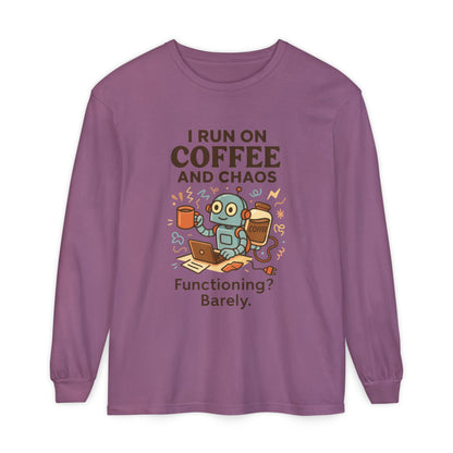 Coffee Chaos Long Sleeve Tee, Funny T-Shirt, Quirky Gift for Coffee Lovers, Unisex Top for Busy Lives, Work from Home Humor Tee
