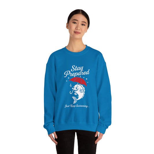 Funny Fish Womens Crewneck Sweatshirt - Stay Prepared Just Keep Swimming Nautical Pullover - Cozy Positive Gift, Fishing Humor