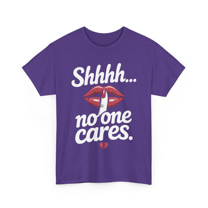 Shhh No One Cares Shirt, Sassy Funny Graphic Tee for Women, Sarcastic Lips Tank Top, Bold Attitude T-Shirt, Tee with Bold Statement Design