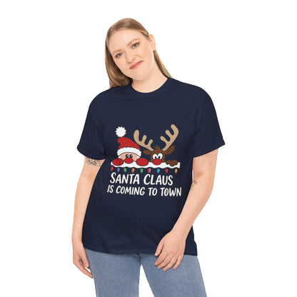Santa Claus Is Coming to Town Women's Christmas T-Shirt, Cute Santa - Reindeer Holiday Tee