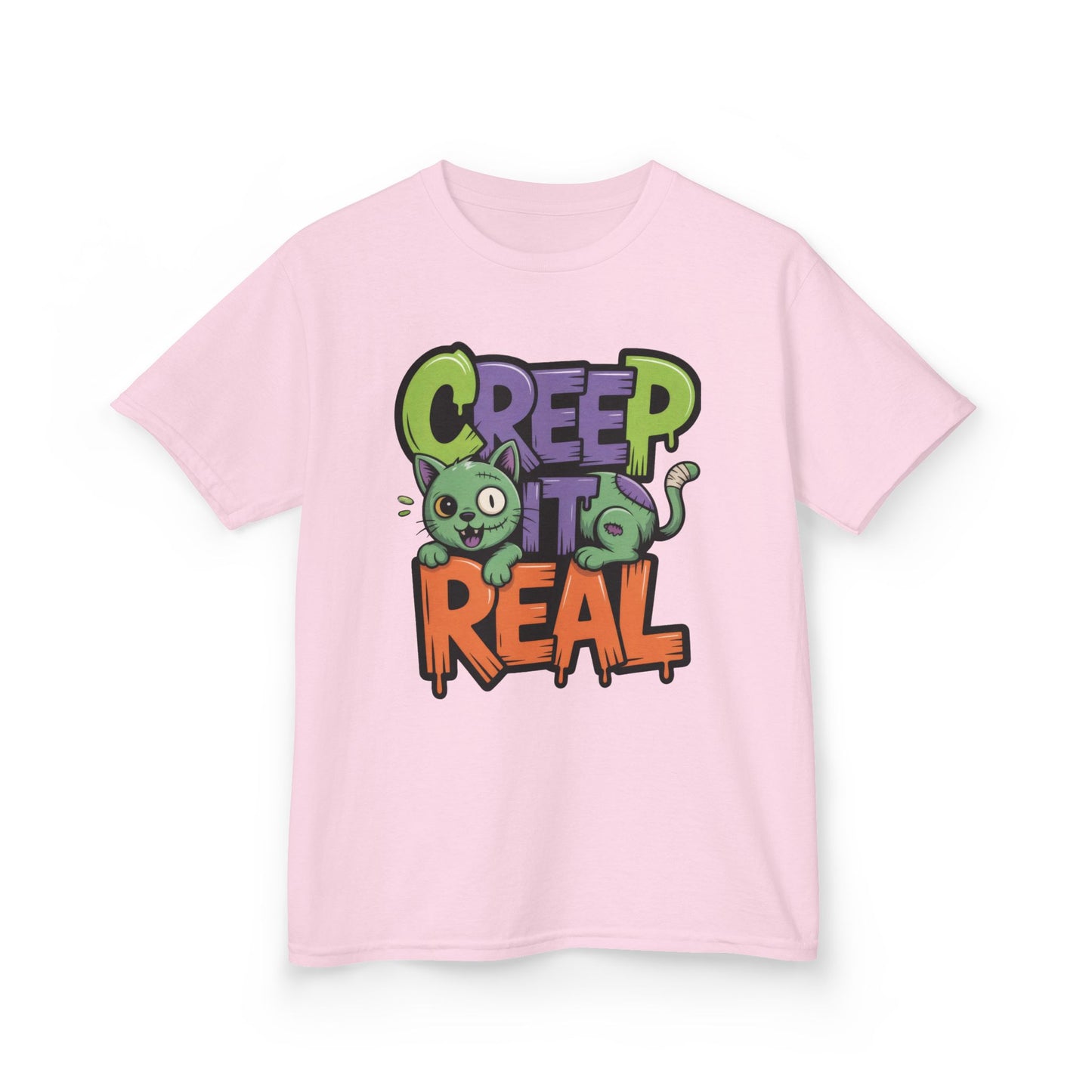 Creep It Real Kids Halloween Shirt, Cute Zombie Cat Graffiti Style T-Shirt for Boys & Girls
