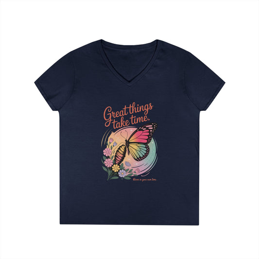 Inspiring Ladies' V-Neck T-Shirt, Great Things Take Time Butterfly Design, Relaxation, Motivation, Nature, Motivational Women's Tee