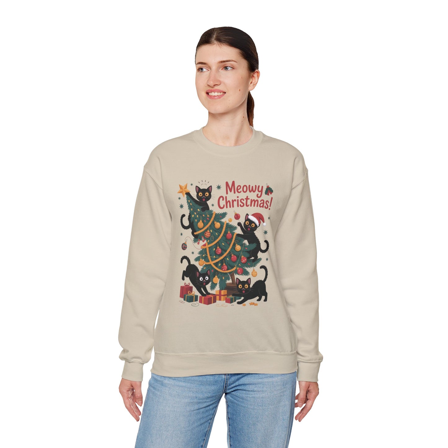 Black Cats Christmas Tree Sweatshirt, Funny Cat Lover Holiday Sweater, Cute Christmas Cat Chaos Jumper