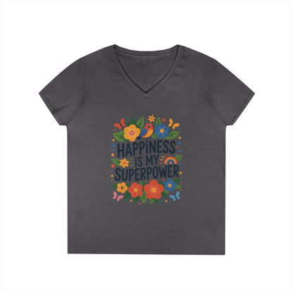 Happiness is My Superpower V-Neck T-Shirt, Floral Motivational Tee, Gift for Her, Positive Quote Shirt, Joyful Statement Tee