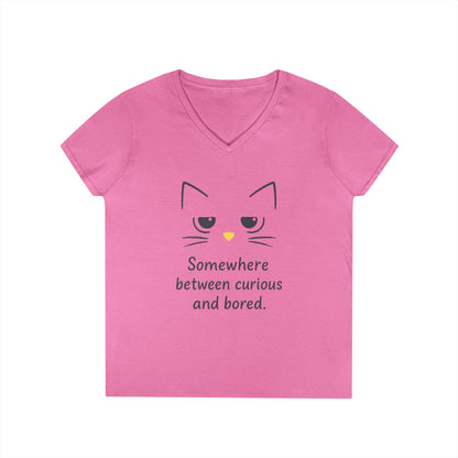 Funny Cat V-Neck T-Shirt - Somewhere Between Curious and Bored, Gift for Cat Lovers, Casual Wear, Birthday Tee, Cute Animal Shirt