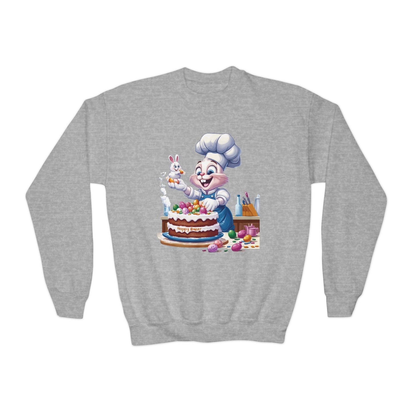 Hoppy Baker Easter Bunny Youth Sweatshirt - Cute Spring Crewneck for Kids with Chef Bunny and Cake, Fun Holiday Gift for Easter Lovers