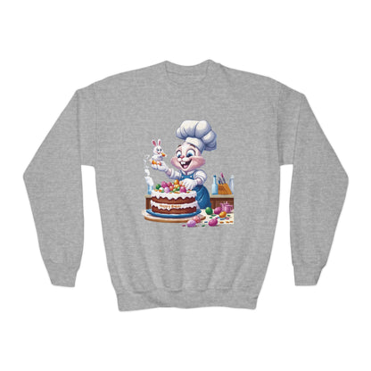 Hoppy Baker Easter Bunny Youth Sweatshirt - Cute Spring Crewneck for Kids with Chef Bunny and Cake, Fun Holiday Gift for Easter Lovers