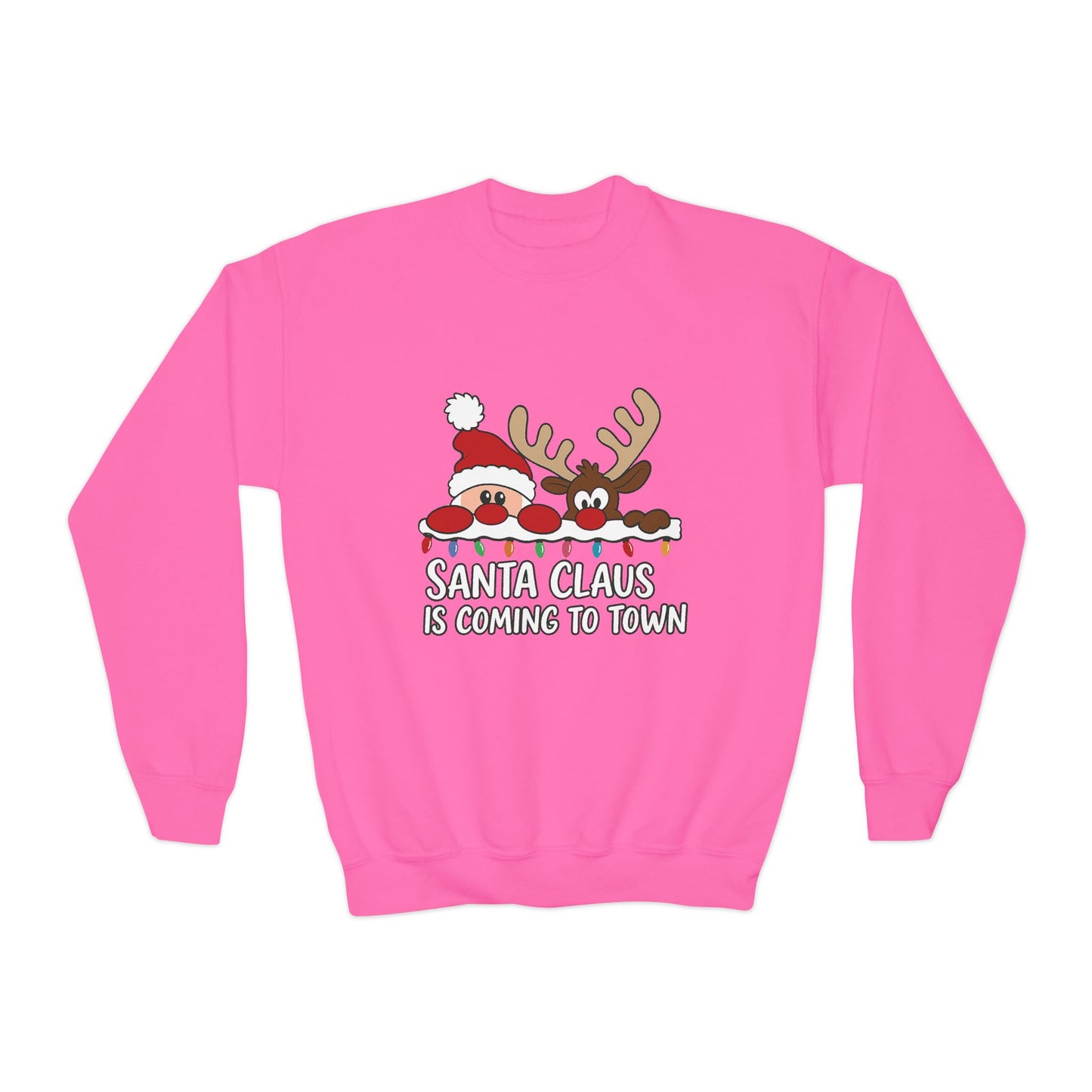 Santa Claus Is Coming to Town Kids Christmas Sweatshirt, Cute Santa - Reindeer Holiday Jumper