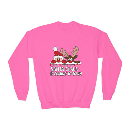 Santa Claus Is Coming to Town Kids Christmas Sweatshirt, Cute Santa - Reindeer Holiday Jumper