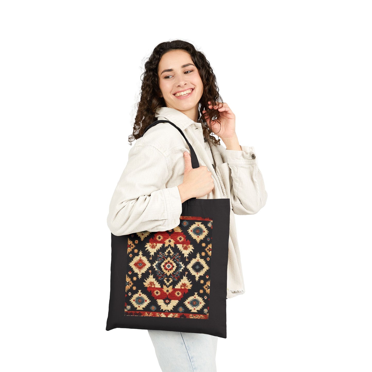 Bohemian Cotton Canvas Tote Bag, Reusable Shopping Bag, Gift for Her, Beach Bag, Travel Companion, Traditional Turkish Carpet Pattern