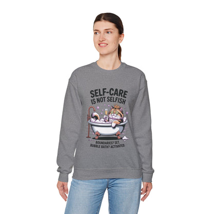 Womens Crewneck Sweatshirt, Self-Care Cat Shirt, Funny Cat Tee, Relaxing Kitty Graphic, Self Care Is Not Selfish Womens Sweatshirt