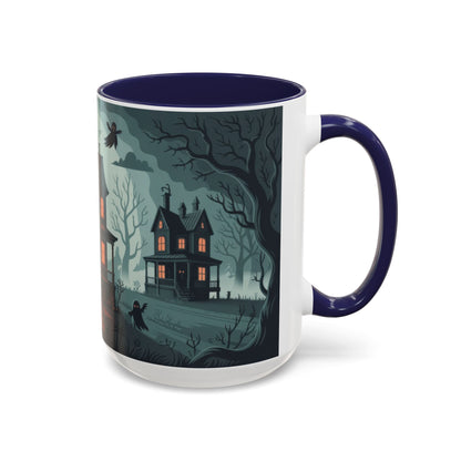 Haunted Mansion Mug, Ghostly Gothic Forest Coffee Cup, Spooky Haunted House Halloween Gift for Horror Lovers, Accent Coffee Mug (11, 15oz)