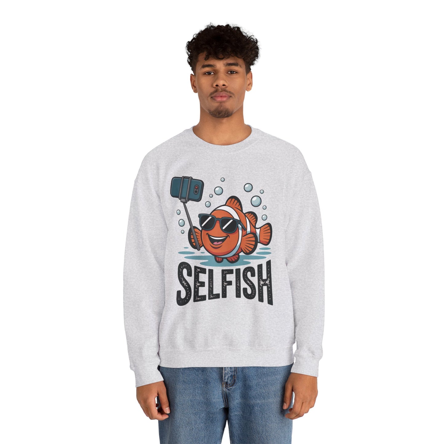 Unisex Heavy Blend™ Crewneck Sweatshirt, Mens Selfish Funny Fish Sweatshirt, Cute Selfie Pullover, Ocean Humor Top