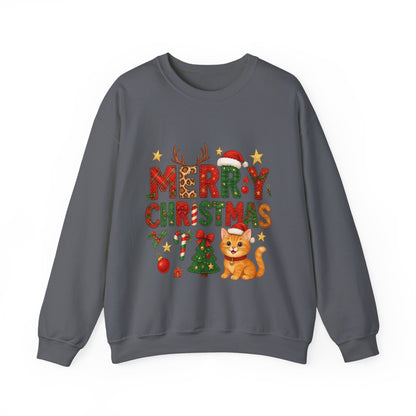 Women's Merry Christmas Cat Sweatshirt, Cozy Holiday Cat Lover Pullover, Women's Heavy Blend™ Crewneck Sweatshirt