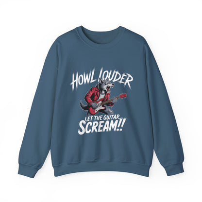 Howl Louder Wolf Sweatshirt, Let The Guitar Scream Pullover, Rock Guitar Animal Hoodie, Rocking Wolf Crewneck Sweatshirt, Music Lover Gift