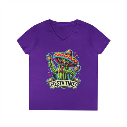 Fiesta Time Cactus Ladies' V-Neck T-Shirt, Funny Sombrero Mexican Party Tee, Cinco de Mayo Gift Idea, Fun Summer Tee, Party Wear