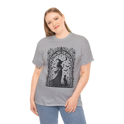 Gothic Witch & Cat Women's T-Shirt, Elegant Halloween Moon Silhouette Witchy Graphic Tee