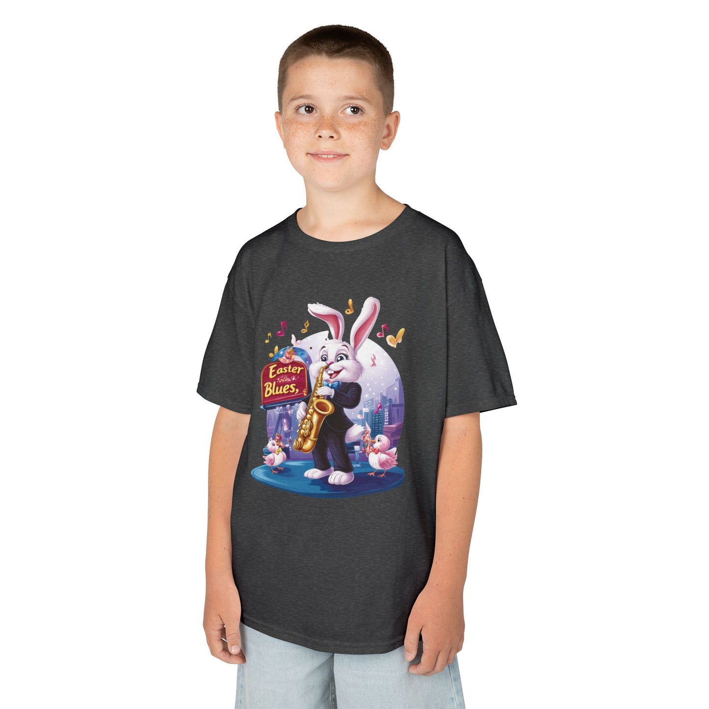 Easter Blues Bunny Kids T-Shirt - Cute Jazz Music Themed Tee for Boys and Girls, Fun Spring Gift, Bunny Playing Saxophone Design