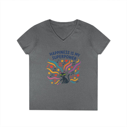 Happiness Is My Superpower V-Neck T-Shirt, Cat Lover Tee, Gift for Her, Cute Graphic Shirt, Music Enthusiast Apparel, Funny Cat Shirt