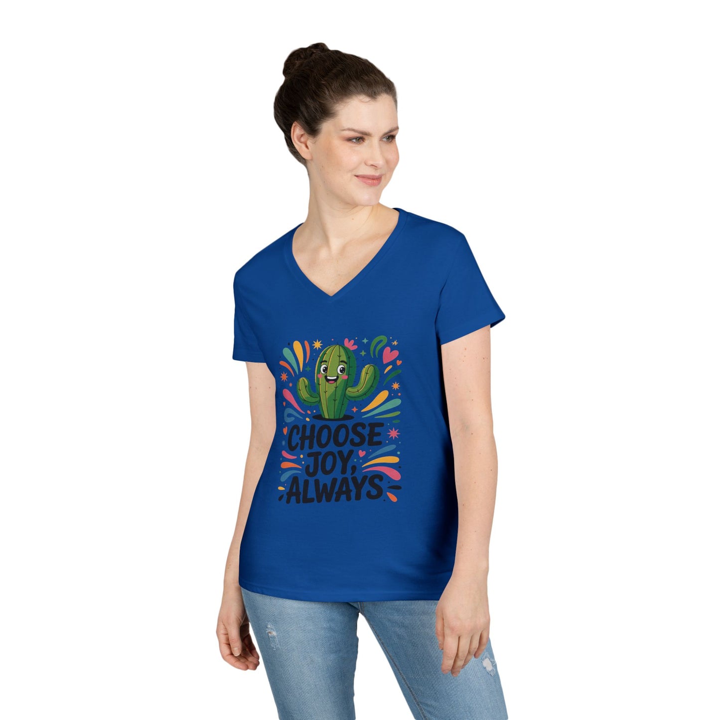 Choose Joy Cactus Ladies' V-Neck T-Shirt, Positive Vibe Shirt, Gift for Her, Summer Casual Tee, Inspirational Wear, Cute Graphic Top
