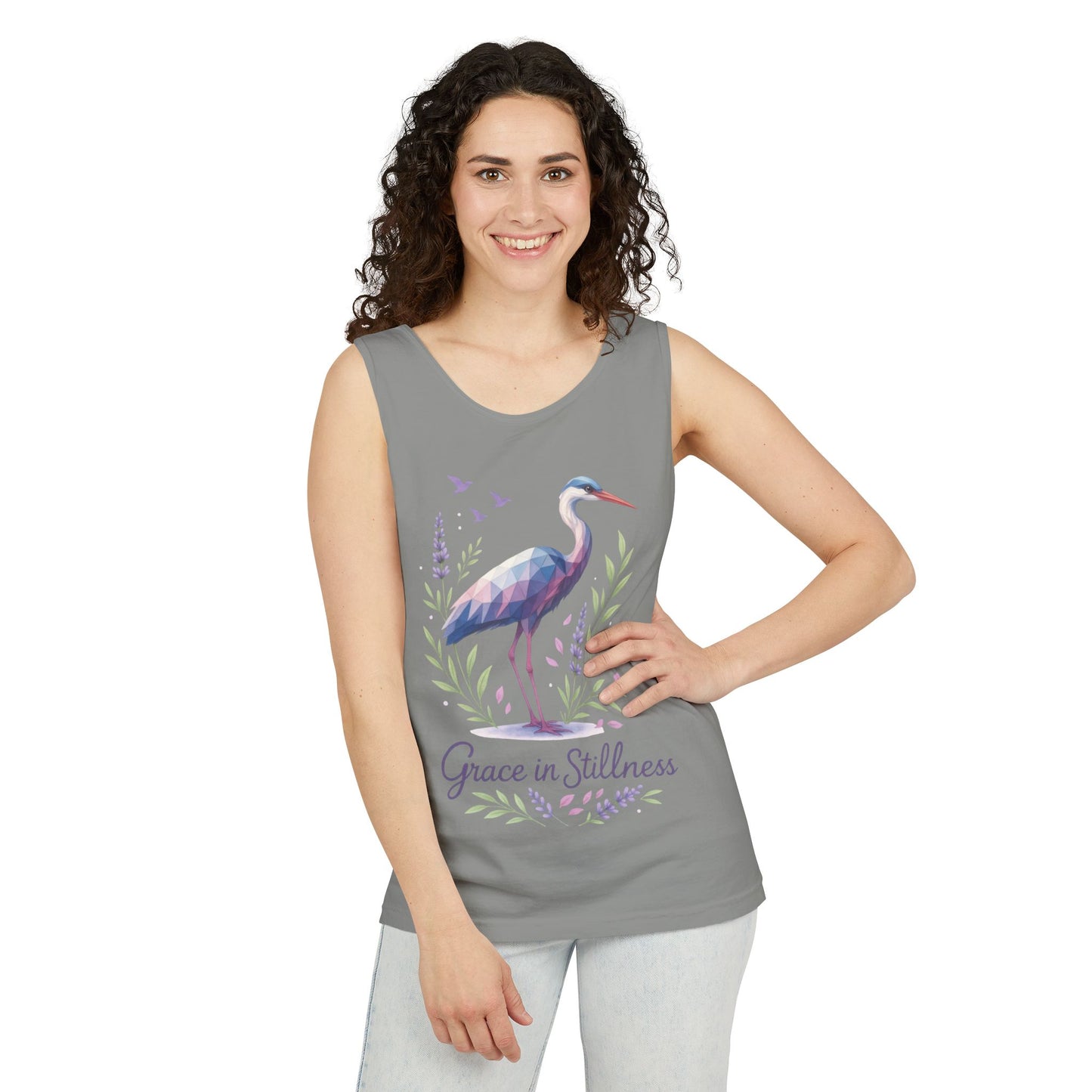 Polygonal Heron Graphic Tank, Womens Artistic Bird Summer Top, Geometric Crane, Bird Lovers Gift, Yoga Shirt, Fitness Apparel, Casual Wear