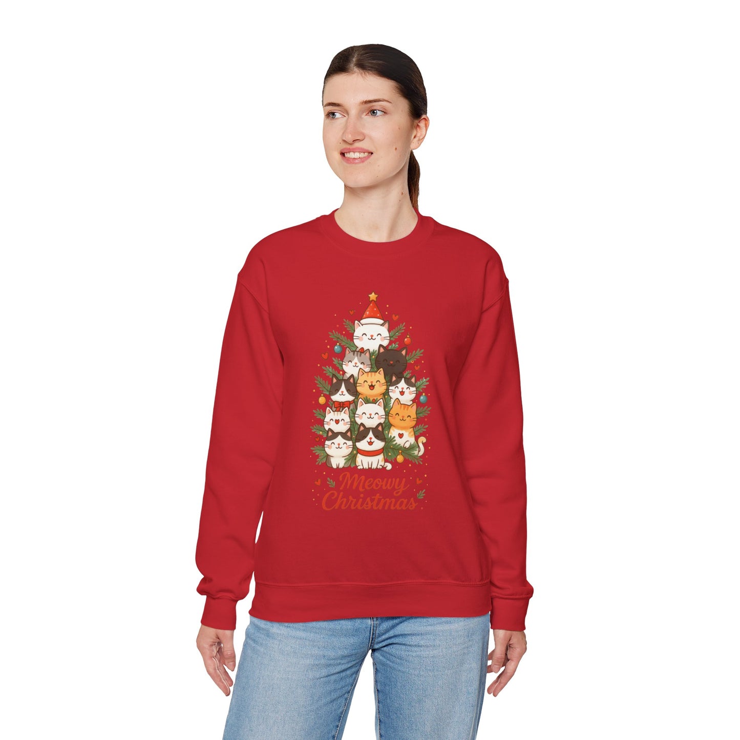 Women's Meowy Christmas Cat Sweatshirt, Cute Holiday Kitty Pullover