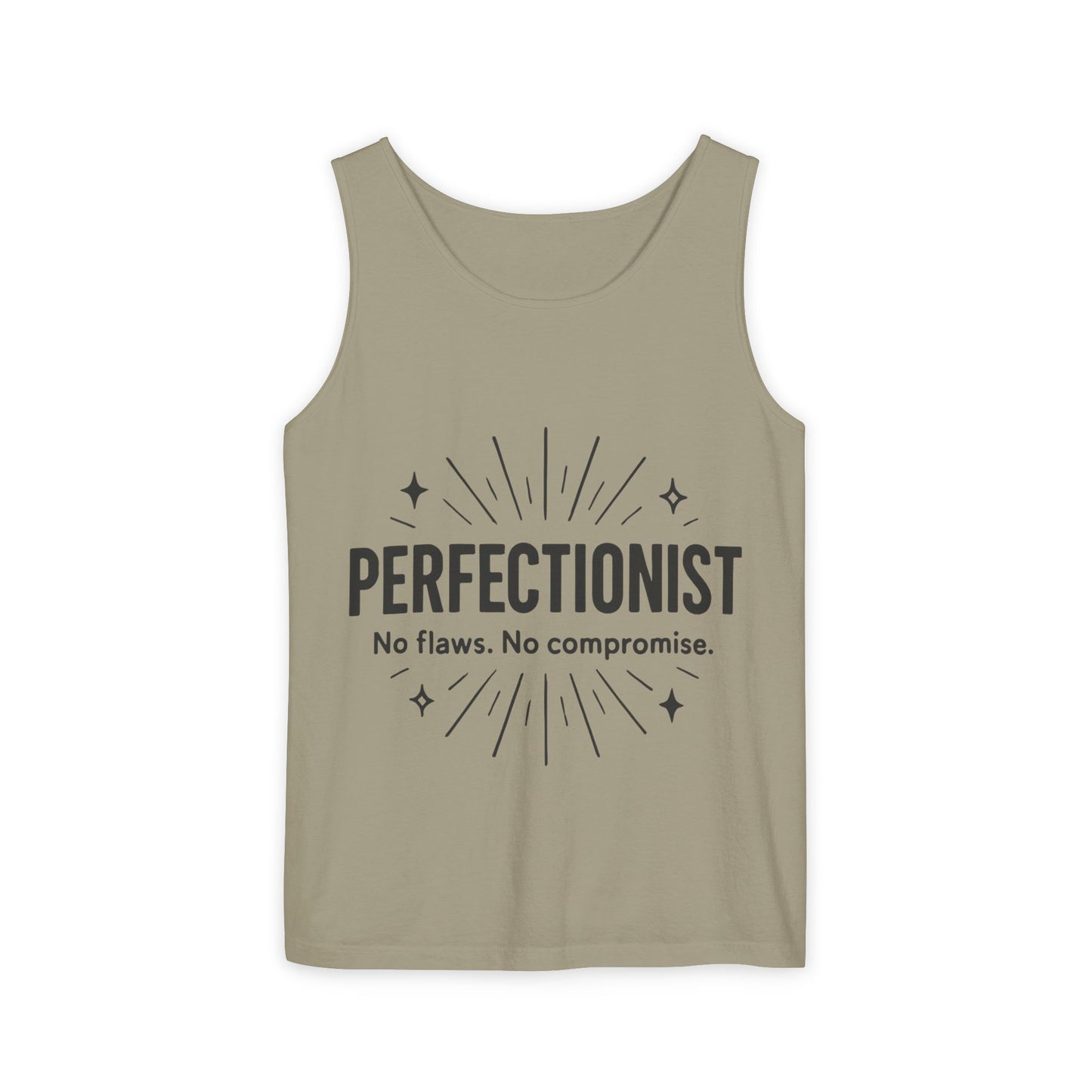 Mens Perfectionist Tank Top, No Flaws No Compromise, Minimal Bold Graphic Tee, Gift for OCD, Clean Freak, or Detail-Oriented Men