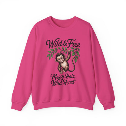 Wild & Free Monkey Sweatshirt, Messy Hair Wild Heart Womens Pullover, Cute Jungle Animal Sweater, Boho Adventure Graphic, Nature Lover Gift