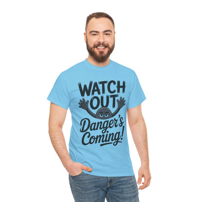 Funny "Watch Out" Cartoon Character T-Shirt, Sketch Style Unisex Heavy Cotton Tee, Minimalist Humorous Graphic Tee, Gift for Him/Her