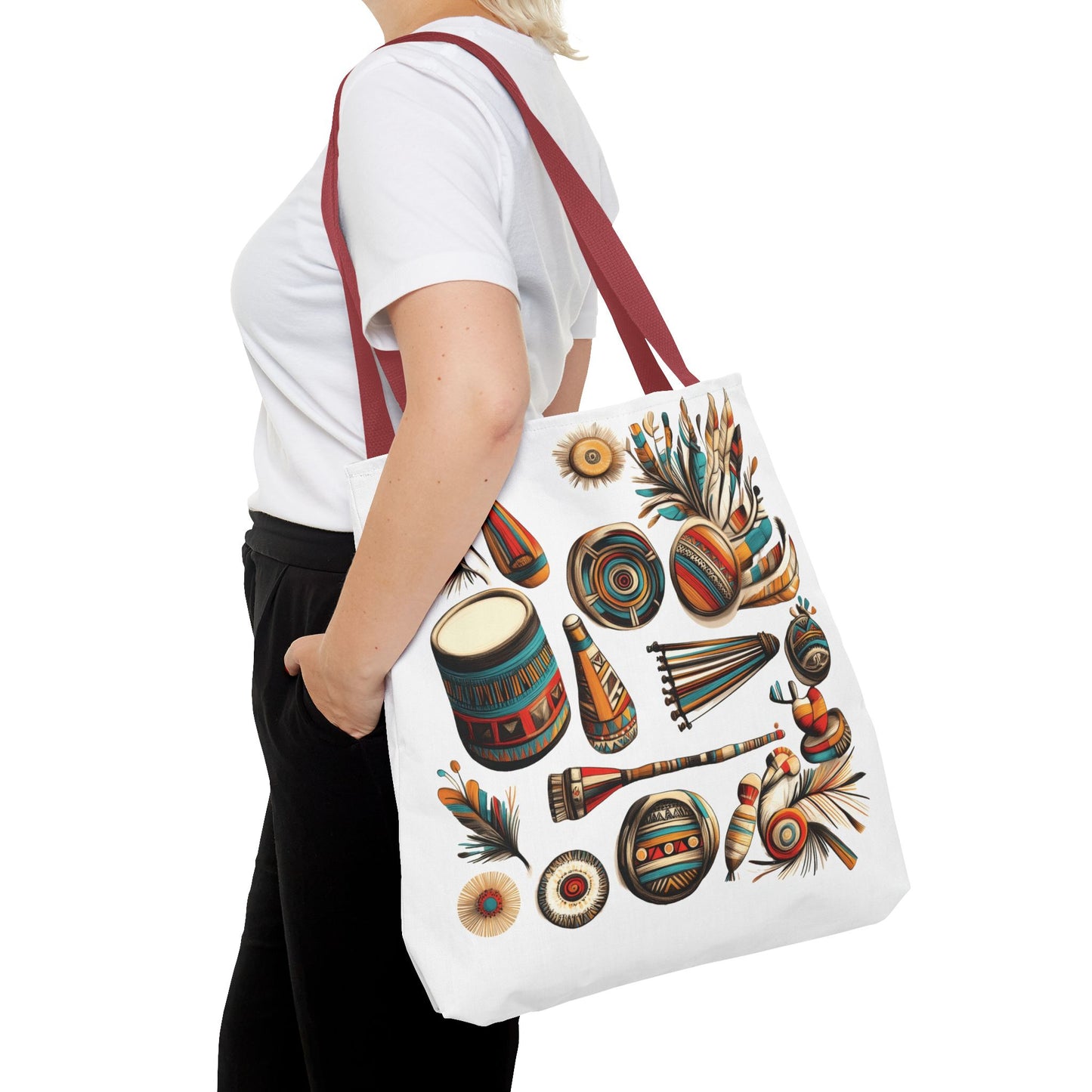 Boho Tribal Music Tote Bag, Ethnic Percussion Instrument Art, Festival Vibes, Shopping Bag, Bohemian Tote, Weekender Bag, Beach Bag, Large Canvas Bag