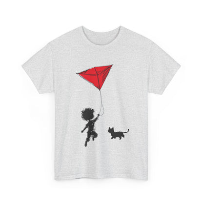 Cute Kid and Cat Design T-Shirt, Playful Gift for Cat Lovers, Summer Style, Cat Lover T-Shirt, Gift for Cat Owners, Women's Cotton T-Shirt