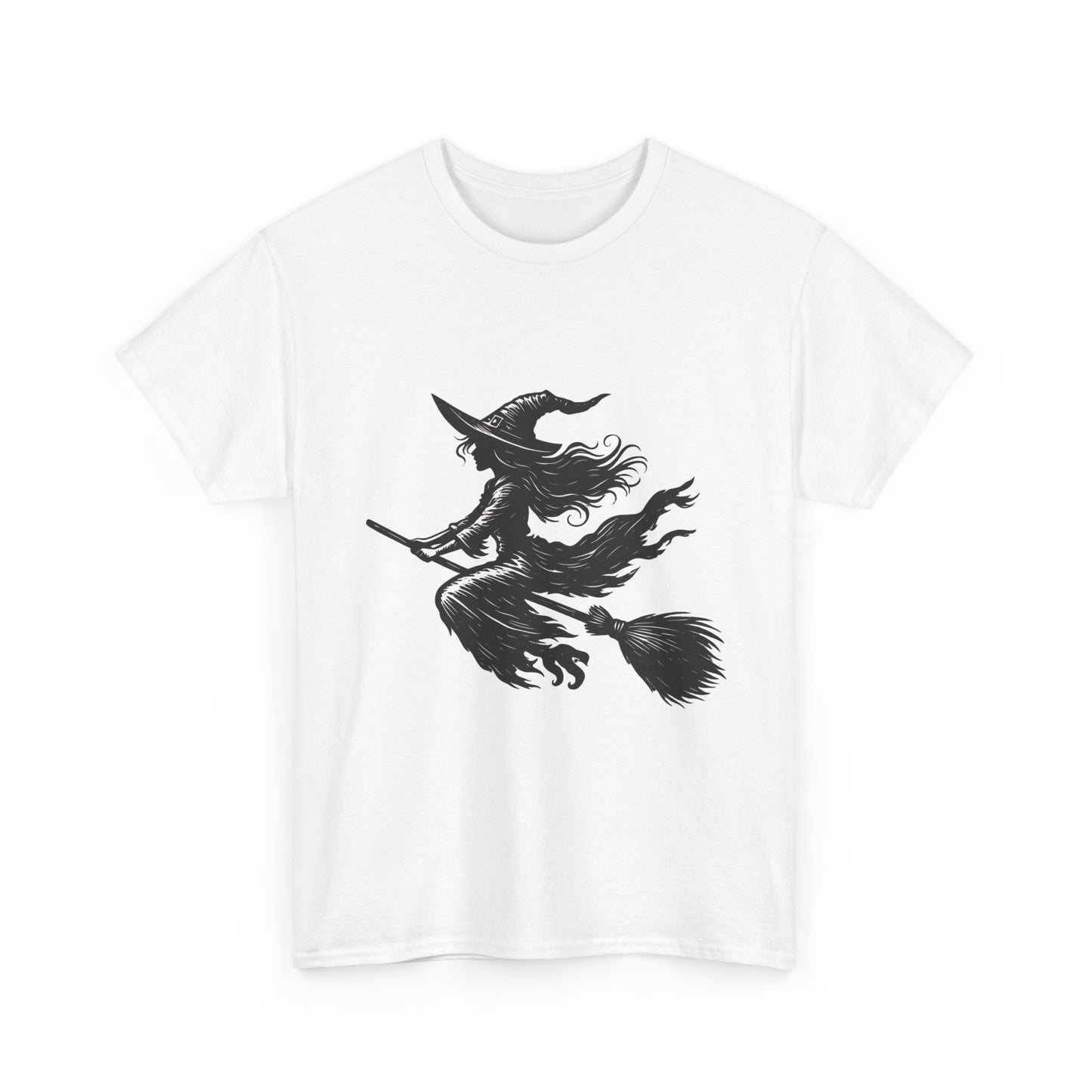 Flying Witch Silhouette Halloween T-Shirt for Women, Vintage Witch on Broom Tee, Spooky Gothic Fall Shirt, Minimal Black Witch Top