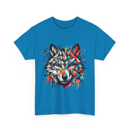 Geometric Wolf Tee, Heavy Cotton T-Shirt, Wildlife Lover Apparel, Unique Nature Wear, Artistic Wolf Design Tee