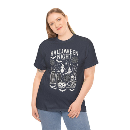 Halloween Night Women's T-Shirt, Gothic Witch Skeleton Pumpkin Tee, Spooky Scary Shirt for Halloween Party