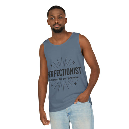 Mens Perfectionist Tank Top, No Flaws No Compromise, Minimal Bold Graphic Tee, Gift for OCD, Clean Freak, or Detail-Oriented Men