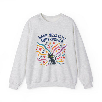 Playful Cat Crewneck Womens Sweatshirt, Happiness is My Superpower, Cozy Sweatshirt, Gift for Cat Lovers, Fun Casual Style, Unique Animal Design
