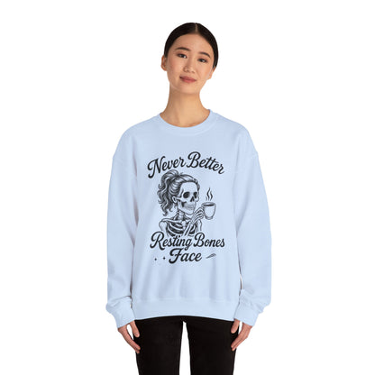 Skull Coffee Lovers Crewneck Sweatshirt, Womens, Perfect for Halloween, Cozy Outfit, Gift for Friends, Relaxing Days, Coffee Enthusiasts