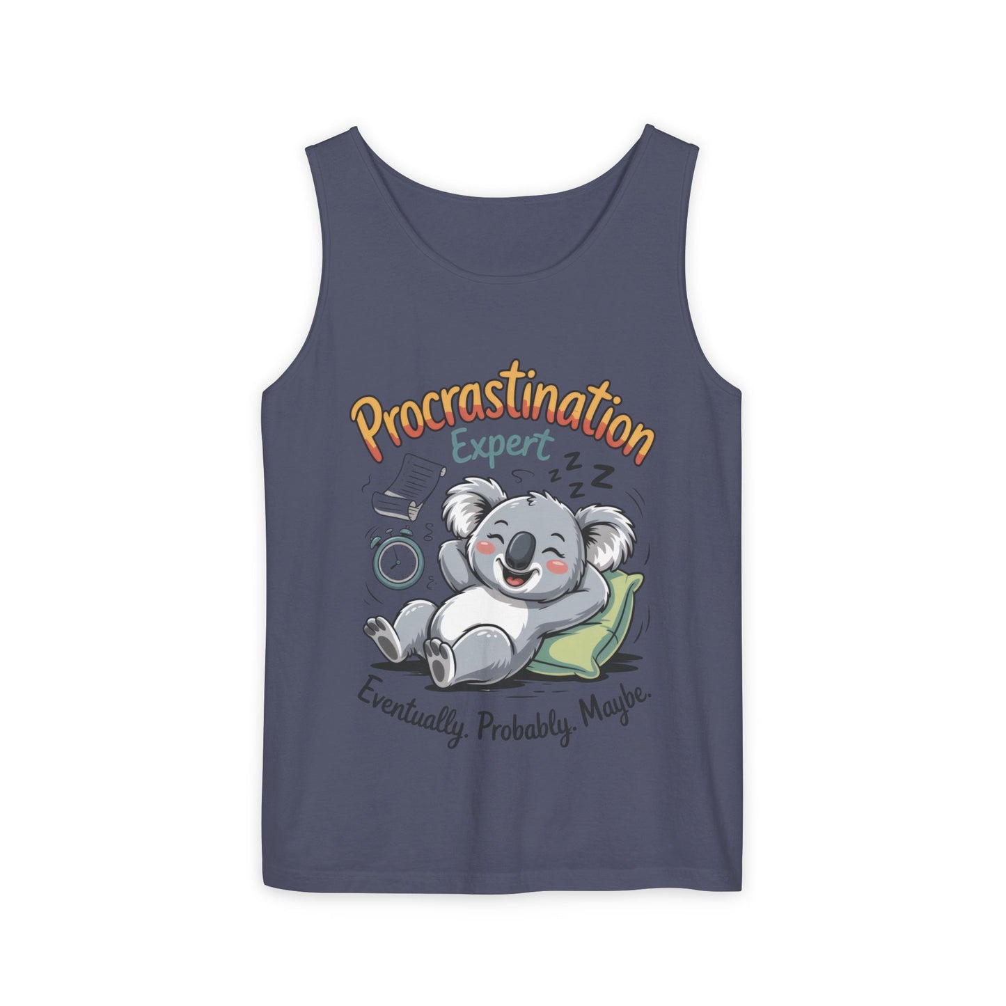 Procrastination Expert Womens Tank Top, Funny Gift for Lazy Days, Relaxed Fit Tee, Casual Summer Wear, Koala Graphic Top, Motivational Apparel