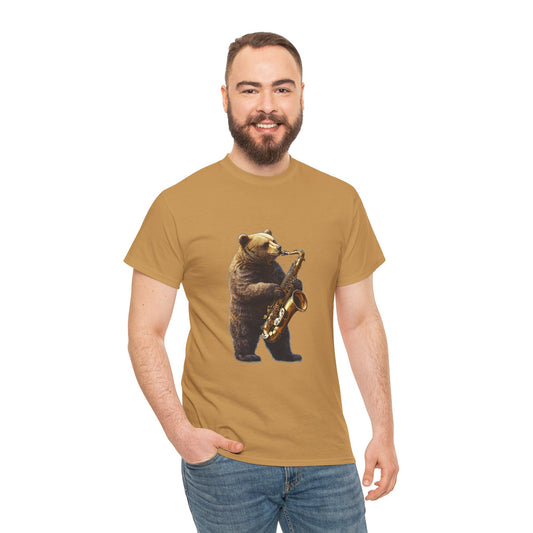 Saxophone Bear Unisex Heavy Cotton Tee, Music Lover Shirt, Gift for Musicians, Cute Animal Tee, Fun Jazz T-Shirt