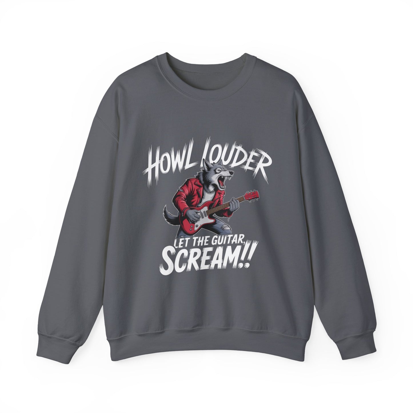 Howl Louder Wolf Sweatshirt, Let The Guitar Scream Pullover, Rock Guitar Animal Hoodie, Rocking Wolf Crewneck Sweatshirt, Music Lover Gift