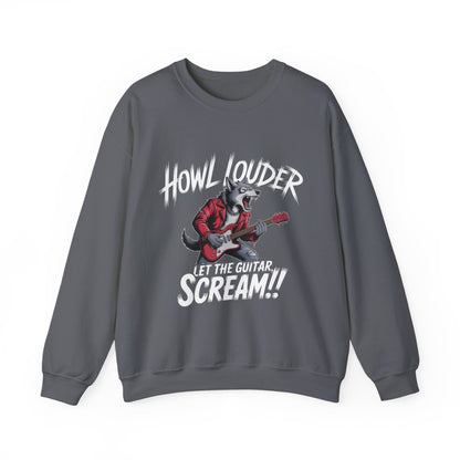 Howl Louder Wolf Sweatshirt, Let The Guitar Scream Pullover, Rock Guitar Animal Hoodie, Rocking Wolf Crewneck Sweatshirt, Music Lover Gift