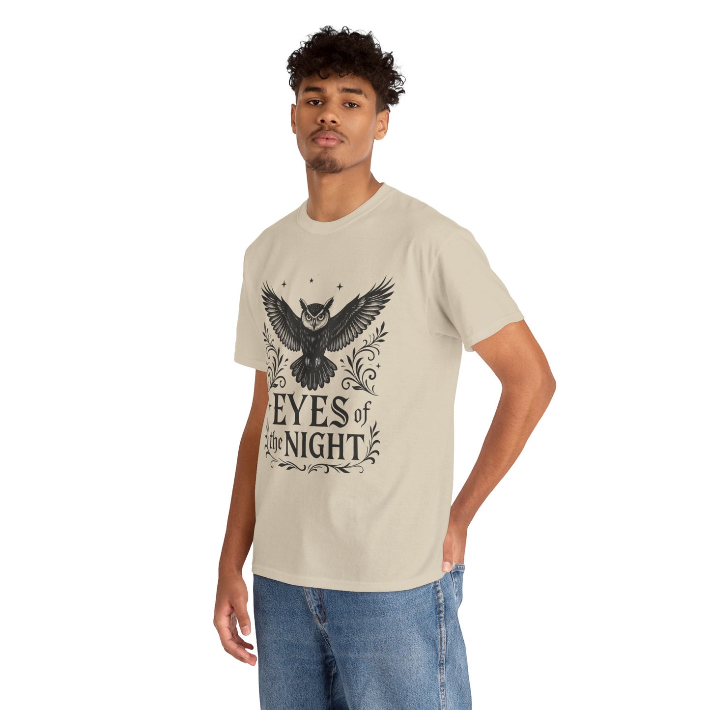 Cool Owl Graphic Unisex Heavy Cotton Tee, Flying Owl Art T-Shirt, Animal Print Tee, Gothic Bird Graphic Tee, Mens Gothic Style Shirt