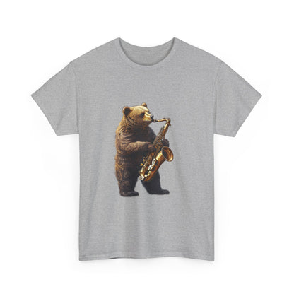 Saxophone Bear Unisex Heavy Cotton Tee, Music Lover Shirt, Gift for Musicians, Cute Animal Tee, Fun Jazz T-Shirt