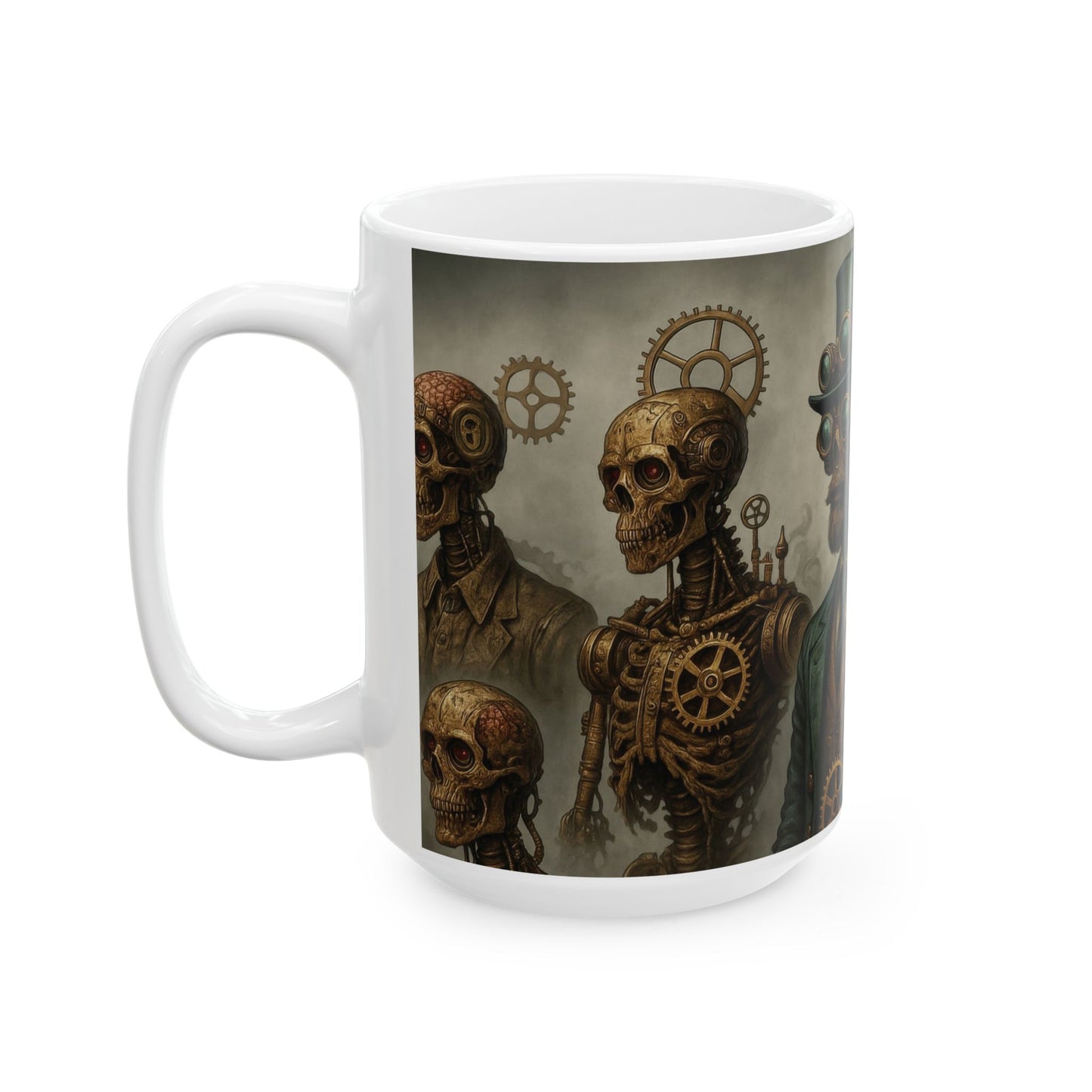 Steampunk Zombie Coffee Mug, Gothic Industrial Steam Era Design, Mechanical Skull Wrap Mug Gift for Him, Ceramic Mug, (15oz)