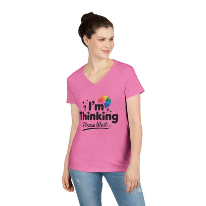 Funny - Im Thinking Please Wait - V-Neck T-Shirt for Women, Cute Geeky Gift for Introverts, Programmers, Designers, Fun Humor Shirt