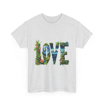 LOVE Nature Art Womens Heavy Cotton Tee, Earth Day Jungle Forest Graphic T-Shirt, Eco Friendly Gift Shirt, Nature-Inspired Love Tee