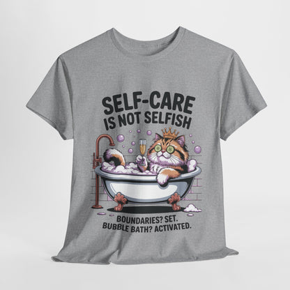 Womens Heavy Cotton Tee, Self-Care Cat Shirt, Funny Cat Bubble Bath Tee, Relaxing Kitty Graphic, Self Care Is Not Selfish Womens T-Shirt