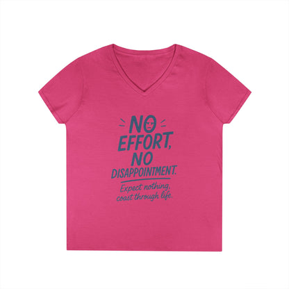 Funny No Effort Womens V-Neck  T-Shirt, No Disappointment Lazy Life Quote Shirt, Cute Graphic Tee for Her, Life Philosophy Shirt