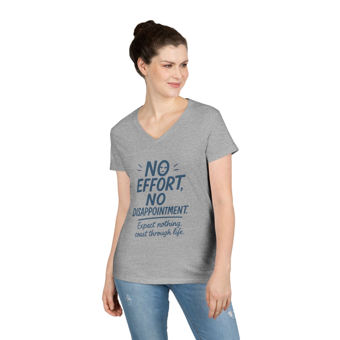 Funny No Effort Womens V-Neck  T-Shirt, No Disappointment Lazy Life Quote Shirt, Cute Graphic Tee for Her, Life Philosophy Shirt